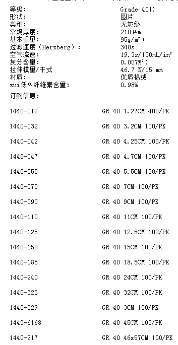 1440-047沃特曼GR 40无灰级定量滤纸